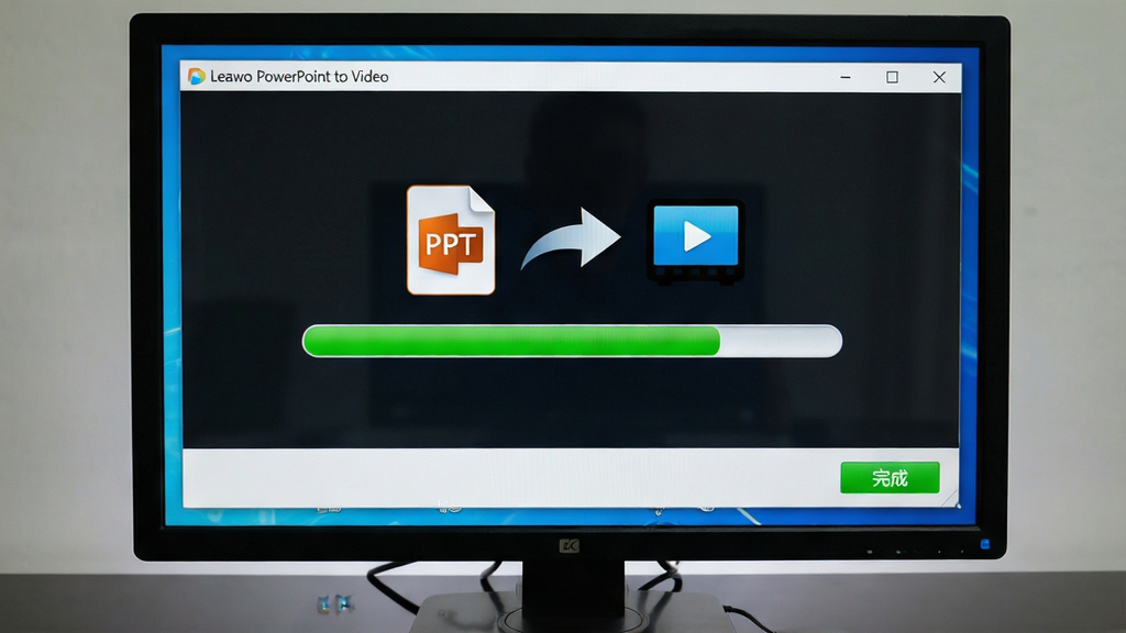һ��չʾ������Ļ��ʵ�ķ��ͼƬ����Ļ����ʾ��Leawo PowerPoint to Video���������棬����������һ����ɫ��ת�����������������Ϸ��д�PPTͼ��ָ����Ƶͼ��ļ�ͷ����Ч������Ļ���½��С���ɡ���ť���������岼�־��У����Ϊ��������������ͼ��ϸ�ڰ�����Ļ�߿�����淴�⣬����Ϊ4K���壬����ɾ����޶���Ԫ��