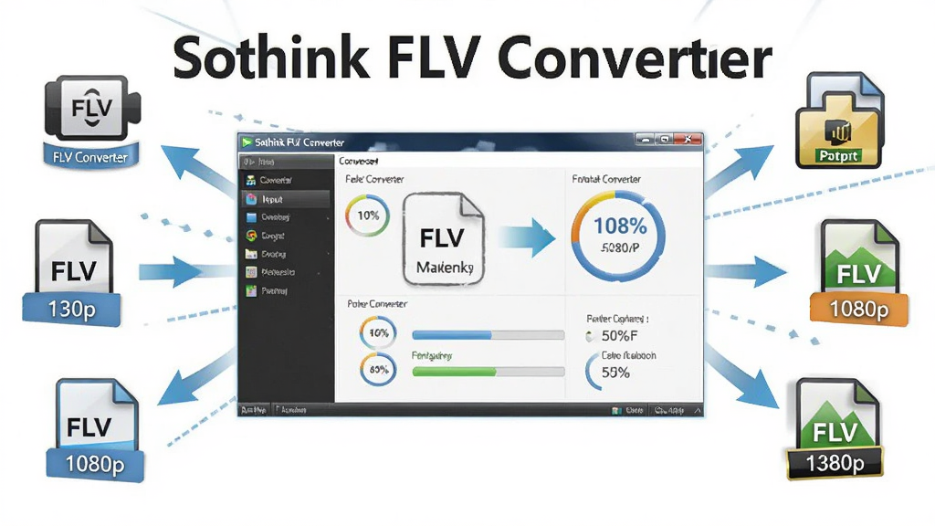 ����Ϊ Sothink FLV Converter ת������չʾ������Ϊ�������������ͼ����Χ���� FLV ����ͼ��Ͷ��������ʽͼ�꣬�Ű�ʷ���״�����Ϊ��ˬ�Ƽ��磬ϸ�ڰ�����ʽ���Ʊ�ǩ��ת����ͷ�����Ȱٷֱȣ����� 1080p ���壬����ɾ��޶���Ԫ�أ�ͼ�����ֱ�ע 