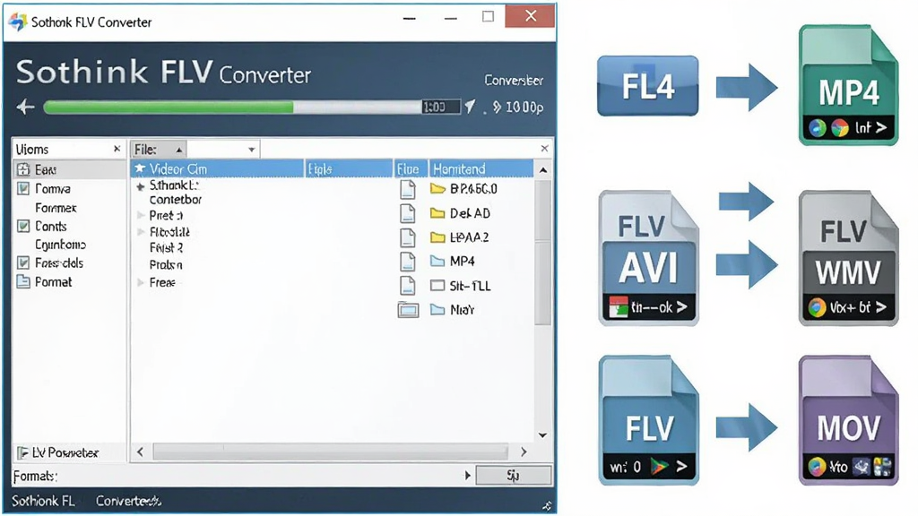 ����Ϊ Sothink FLV Converter ��������������Ƶ��ʽͼ�꣬���ֲ������ҷ��������Ϊ�����������ڣ��Ҳ�Ϊ FLV ��ͷָ�� MP4��AVI��WMV��MOV �ȸ�ʽͼ�꣬�Ű������������Ϊ�ִ��Ƽ��б�ƽ����ƣ�ϸ�ڰ���ת�����������ļ��б�����ʽ��ǩ�����ʸ��� 1080p������ɾ��޶���Ԫ�أ�ͼ�����ֱ�ע 