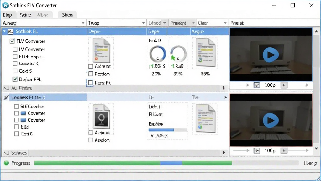 ����Ϊ Sothink FLV Converter �����������棬����Ϊ���������ڶ���ļ��б���ת�����������Ű�Ϊ�����б�ʽ�����Ϊ�����Լ�磬ϸ�ڰ�����ѡ���ļ�����ͼ�����Ȱٷֱȡ�Ԥ�����ڣ����� 1080p ���壬����ɾ��޶���Ԫ�أ�ͼ�����ֱ�ע 