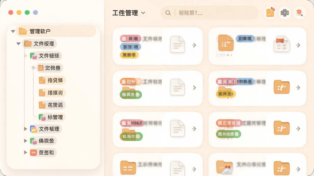 �����ճ��칫�����������ļ��鵵���ǩ�������棬�������Ϊ��ǩ���νṹ���Ҳ�Ϊ�ļ���Ƭ�б���ÿ�ſ�Ƭ���в�ɫ��ǩ���ļ�ͼ�꣬���岼��Ϊ���ҷ��������Ϊ���Բ����ƣ���ɫ��ů�����ʸ��壬�ɾ�����