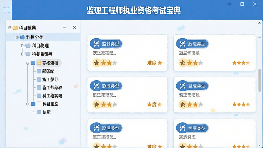 һ�����������ͼ���Ĳ廭����Ļ������ʾ����������ʦִҵ�ʸ��Ա��䡱����б������Ϊ��Ŀ������״Ŀ¼���Ҳ�Ϊ��Ŀ��Ƭ�б���ÿ�ſ�Ƭ������Ŀ���ͱ�ǩ���Ѷ��Ǽ���������ɫ������Ϊ�����ɾ���ˬ�������������޶���װ��Ԫ��