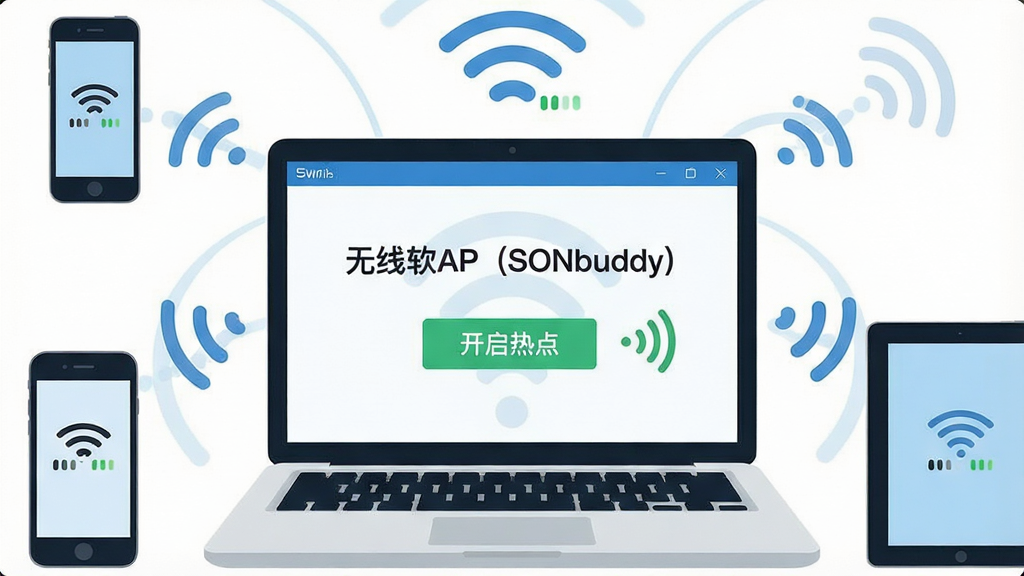 ������һ̨�򿪵ıʼǱ����ԣ���Ļ����ʾ��������AP��SONbuddy�����������棬�����������Եġ������ȵ㡱��ť���ź�ͼ�ꣻ����Ϊ���Ծ��У���Χ�����ֻ���ƽ����豸ͨ��WiFi�ź����ӣ��Ű��࣬ͻ���������ƣ����Ϊ�Ƽ��б�ƽ���廭��ϸ�ڰ���WiFi���ơ��豸ͼ�ꡢ�ź�ǿ��ָʾ�����ʸ��壬�ɾ����޶���Ԫ��