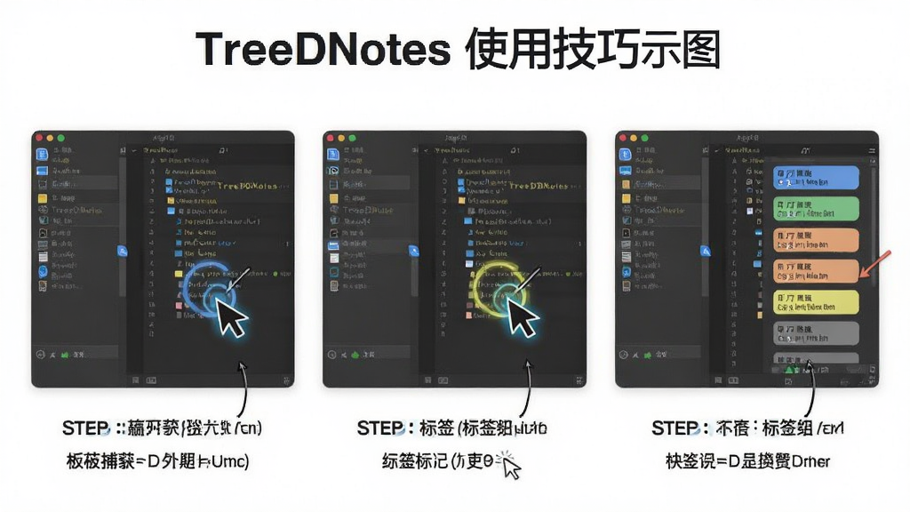 TreeDBNotes ʹ�ü���ʾ��ͼ������Ϊ�����������棬չʾ�����岶�����ǩ��ǹ��ܣ�����Ϊ�ֲ���ͼ���Ű������ݼ���ʾ����ɫ��ǩ�����Ϊ��ѧָ���磬ϸ�����������������ǩ��ɫ��壬���ʸ��壬�ɾ����޶���Ԫ��