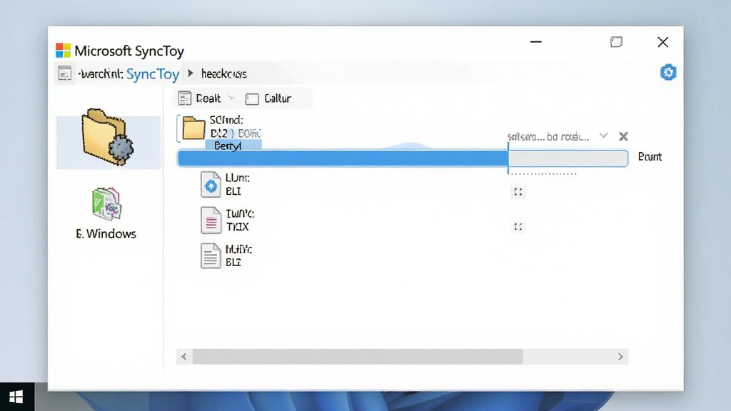 һ��չʾ Microsoft SyncToy �� Windows ����������ͬ������Ľ�ͼ�������н����������ƽ����ļ���ͼ����ļ��б������ɼ����������࣬����Ϊǳɫ���棬����ɾ������ʸ��壬�޶���Ԫ��