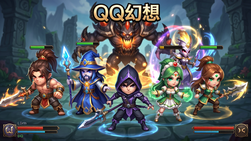 QQ������Ϸ��ɫ���ս������ͼ����������Ϊ������ְͬҵ��ɫ��սʿ����ʦ���̿͡�ҩʦ�ȣ�������ս�����ֲ������ĶԳƹ�ͼ������Ϊ����BOSS�뼼����Ч���Ű��Ϸ���ע��QQ���롱���⣬���ΪQ��������Ϸԭ����ϸ�ڰ������ܹ�Ч���������͡�Ѫ��UI�����ʸ��壬�ɾ����޶���Ԫ��
