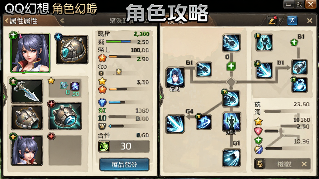 QQ������Ϸ��ɫ��������뼼���������ͼ����������Ϊ��Ϸ�ڽ�ɫ���ɽ��棬���ֲ������ҷ�����ͼ�����Ϊ��ɫװ�������Ҳ�Ϊ�����������Ե���䣬�Ű涥����ע��QQ���� ��ɫ���ԡ������Ϊ��ϷUI����дʵ���ϸ�ڰ���ͼ�ꡢ��ֵ����ť�����ʸ��壬�ɾ����޶���Ԫ��