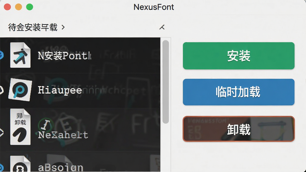 һ�� NexusFont ������������ͼ������չʾ���尲װ��ж�ع�����壬����г�����װ�����ļ����Ҳ��С���װ������ʱ���ء���ж�ء���ť�����沼����������ť��Ŀ���������Լʵ�ã����ʸɾ�����