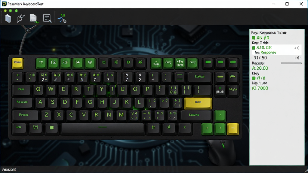 һ��չʾ PassMark KeyboardTest �����������ȫ��ͼ������������һ��߾��ȵĵ��Լ������Ⲽ��ͼ����������������Ϊ��ɫ�ͻ�ɫ���Ҳ���һ���������������ʾ������Ӧʱ��ͼ��״̬����������ɫ�Ƽ��������滷�������岼���������Ű����룬���Ϊרҵ��������չʾ��ϸ�ڰ��������ϵ��ַ���״ָ̬ʾ�ơ�������ͼ�꣬���ʸ��壬�ɾ����޶���Ԫ��