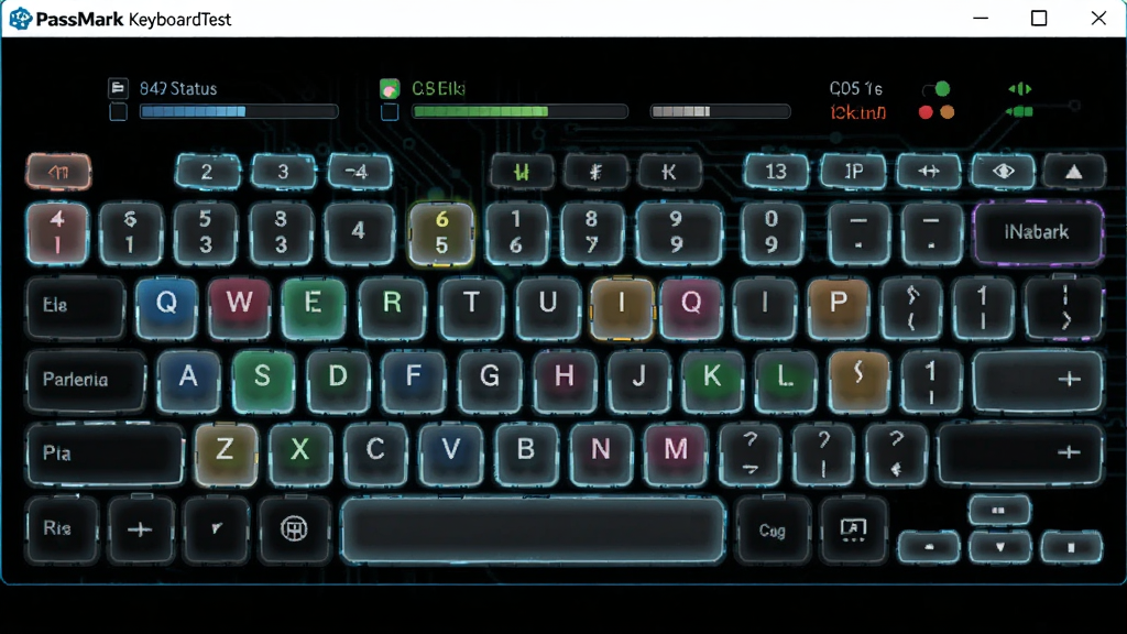 һ��չʾ PassMark KeyboardTest �������������ȫò��ͼƬ��������һ��������̲���ͼռ�����壬�������ͬʱ����ͬ��ɫ��ʾ���ڱ���⣬����Ϊ����ɫ���Ű���У����Ϊ�Ƽ������ݿ��ӻ���ϸ�ڰ���ÿ�������Ķ�������Ч��������������ʵʱ״̬��ǩ�����ʸ��壬�ɾ����޶���Ԫ��