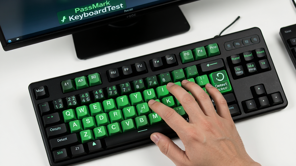 һ��չʾ PassMark KeyboardTest ���������ͻ��⹦�ܵ�ͼƬ��������һֻ������ͬʱ���¼����ϵĶ����������Ļ�϶�Ӧ�����ⰴ��ȫ��������ɫ������Ϊ�ɾ��İ칫���棬�Ű�Ϊ���ӽǶȣ����Ϊ������ʾʵ�ģ�ϸ�ڰ�����ָ�밴���ĽӴ��㡢�������ϼ�λ�����ͨ����ʾ�����ʸ��壬�ɾ����޶���Ԫ��