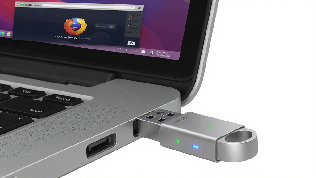 ��������Ϊһ����ɫU�̲��ڱʼǱ����Բ��棬��Ļ����ʾPortable Firefox������������������沼�ֲ���б���ӽǣ�U������Խӿ������ɼ������Ϊ����Ʒչʾ���ϸ�ڰ���U��ָʾ�ơ�������������棬���������ɾ��޶���Ԫ��