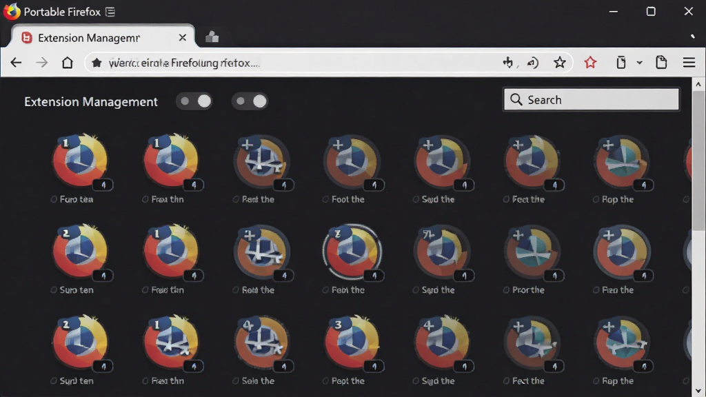 ����չʾPortable Firefox����������д���չ����ҳ�棬�����չͼ���������У����沼�ֲ�������ƽ�ӽǶȣ���������ھ��У����Ϊ�ִ�UIչʾ���ϸ�ڰ�����չͼ�ꡢ���ذ�ť�������򣬻��������ɾ��޶���Ԫ��