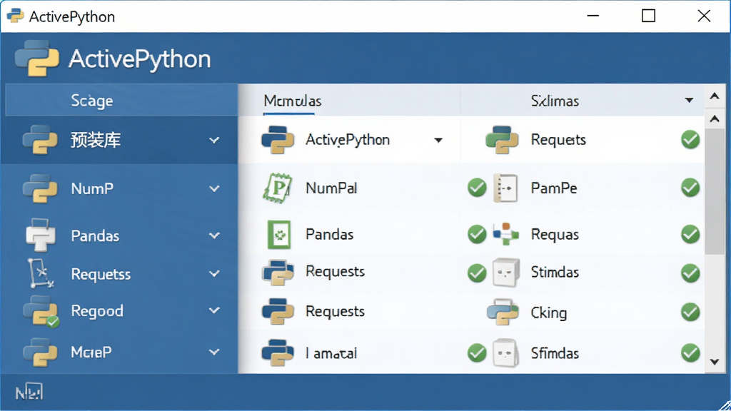 ActivePython ����������չʾԤװ���б�������Ϊ��ɫ���������ڣ����ֲ����б���ͼ�����Ű棬���Ϊ�������磬ϸ�ڰ��� NumPy��Pandas��Requests �ȿ���������ɫ�Թ�ͼ�꣬���ʸ���ɾ���ͼƬ����������Ϊ 