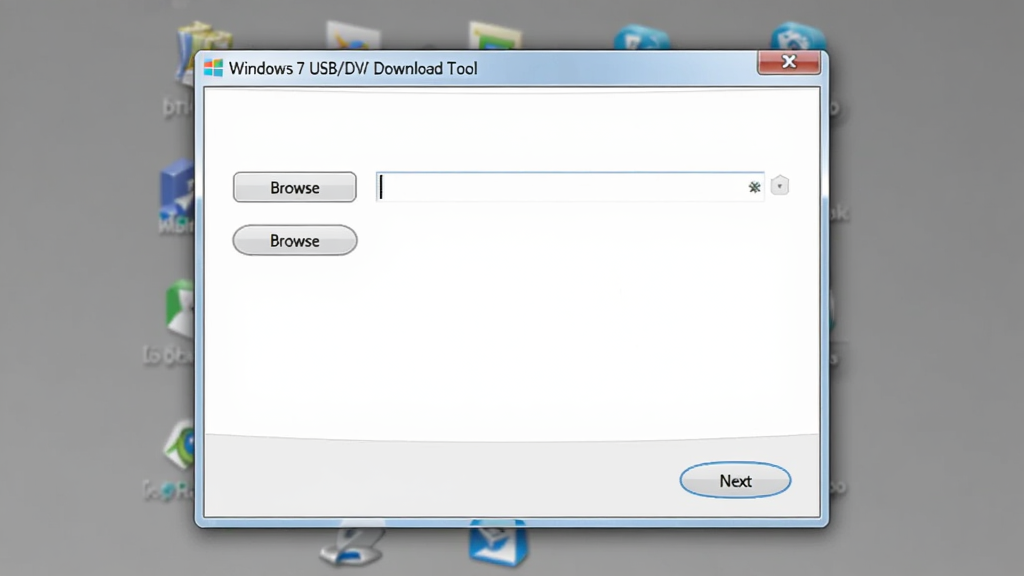 һ��չʾ Windows7 USB/DVD Download Tool �����������ͼƬ�����������Ǽ��İ�ɫ���ڣ�������������ʾ�������ƣ��·��С�Browse����ťѡ�� ISO �ļ��������ǡ�Next����ť������Ϊ��ɫ���棬������ɾ����ٷ���רҵ�������������޶���Ԫ��