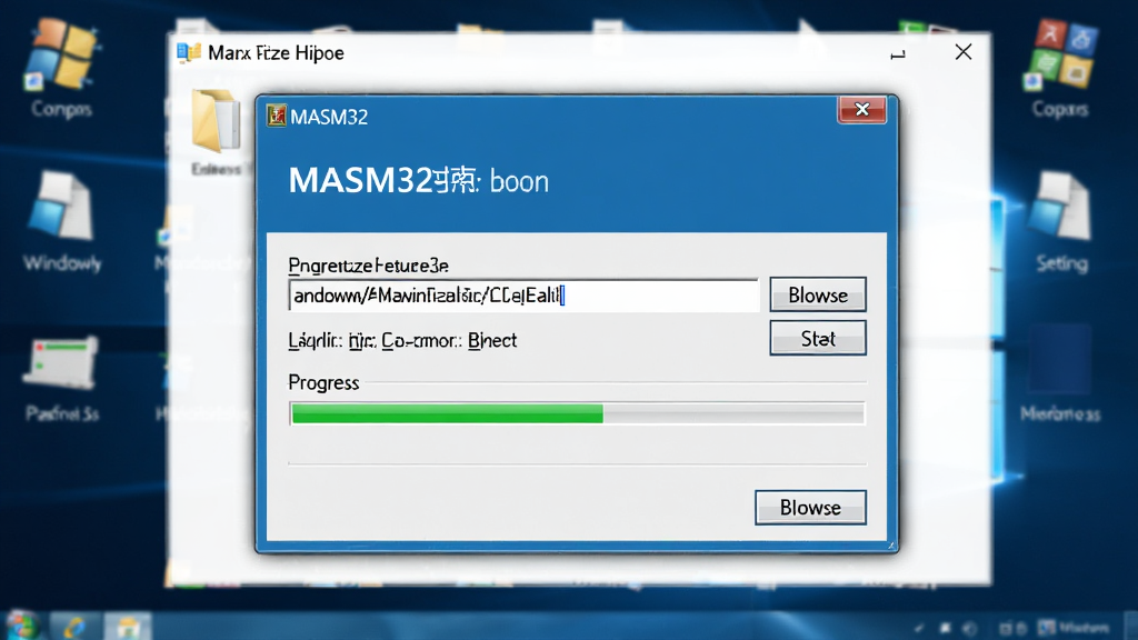 һ��չʾ MASM32 �� Windows ϵͳ�а�װ���ù��̵� AI ��ͼ�������ǵ�����Ļ�ϵİ�װ�򵼴������ļ���·�����ý��棬����Ϊ��Ļ������д���Ű��ϰ�װ����ռ����Ҫλ�ã���Χ�е�����ϵͳͼ���׺�����Ϊдʵ�Ƽ����ϸ�ڰ���·������������ť����������Ӣ����ʾ���֣����������ɾ����޶���Ԫ��