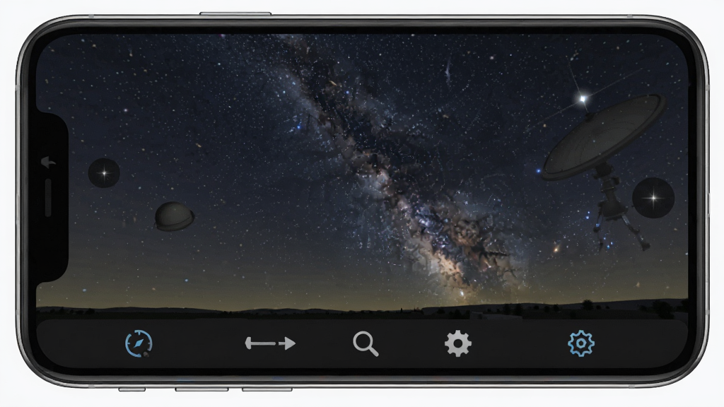 �������Ĺ�Stellarium�ƶ��˽����ͼ���ֻ���Ļ��ʾ�ǿ�ģ�⻭�棬�ײ��в˵���������ʱ����ơ�����������ͼ�꣬����࣬�����������ɾ��޶���Ԫ��