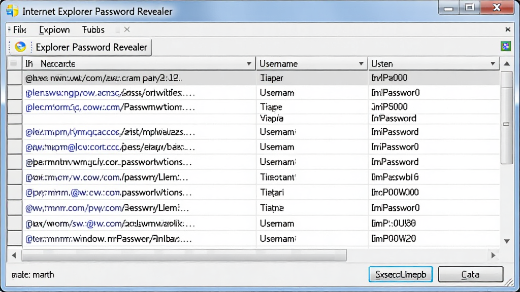 һ����������չʾͼ������������Internet Explorer Password Revealer�������棬����������չʾ�Ŷ�����վ��ַ���û���������������б���������Ϊ����WindowsӦ�ô��ڣ�����Ϊǳ��ɫ���������룬���дʵ��ϸ�ڰ��������ߡ�����������ť�������������ɾ����޶���Ԫ��