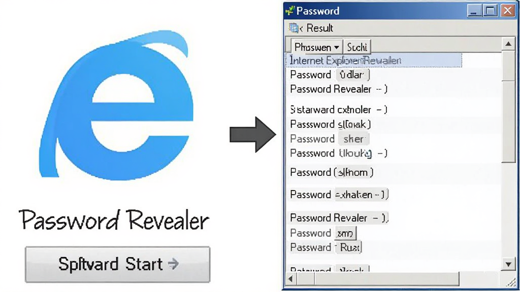 һ��������������ʾ��ͼ�������Ϊ���������֣������Internet Explorer Password Revealer����ͼ���������ť���Ҳ���չ���������б�������м��ü�ͷ���ӣ�����Ϊ����ɫ��������ƽ����ϸ�ڰ���ͼ�ꡢ��ͷ�����ֱ�ǩ�������������ɾ����޶���Ԫ��