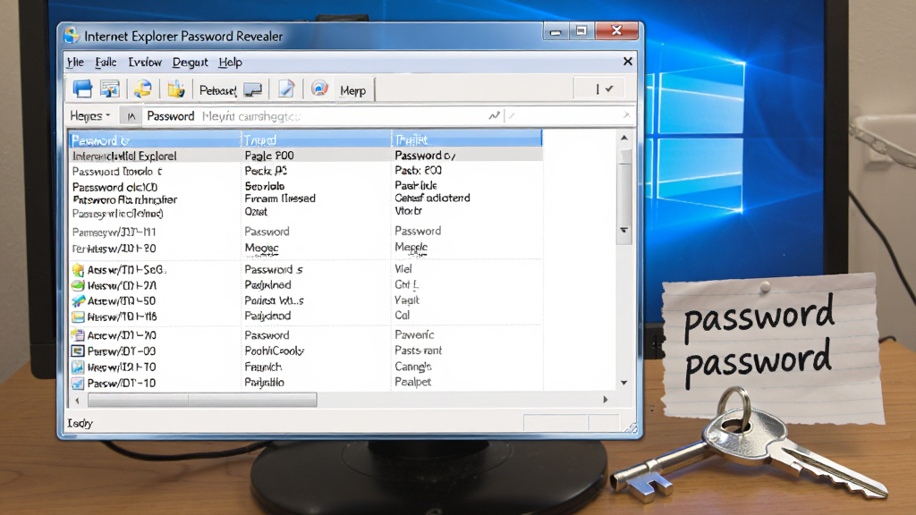 һ�ŵ�����Ļ��ͼ��������ʾInternet Explorer Password Revealer����������Windows 10ϵͳ�ϣ�������չʾ�������б�����Ļ�Ա߷���һ��Կ�׺�һ��д�������ֽ���������ǰ칫���棬���дʵ��ϸ�ڰ�����Ļ�߿�����������Կ�׷��⣬�����������ɾ����޶���Ԫ��