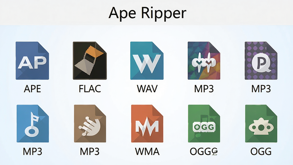���ʽͼ��չʾͼ��������������APE��FLAC��WAV��MP3��WMA��OGG����Ƶ��ʽ��ͼ�꣬ÿ��ͼ���·���ע��ʽ���ƣ�ͼ����ñ�ƽ����Ʒ����ɫ���죬����Ϊǳɫ���䣬�����Ű��������򣬻���ɾ���ˬ�����廭�ʣ���������λ����ʾ
