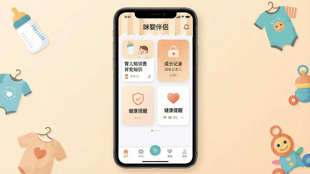 咪婴伴侣软件主界面全貌展示,画面中央放置一部智能手机,屏幕内呈现咪婴伴侣APP首页,包含育儿知识卡片、成长记录入口、健康提醒图标与底部导航栏,背景为温暖柔和的浅米色渐变,四周点缀婴儿奶瓶、小衣服、玩具等扁平化元素,排版居中对称,风格清新温馨,细节清晰,画质干净,无多余元素