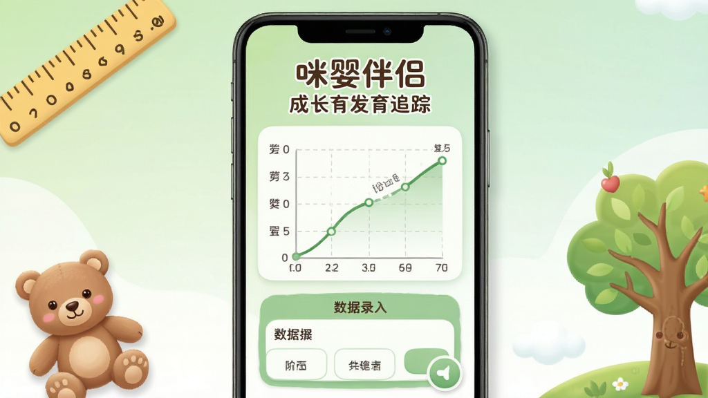 咪婴伴侣成长发育追踪界面展示,手机屏幕显示生长曲线图与数据录入框,背景为浅绿色与白色渐变,周围点缀卡通尺子、小熊玩偶与成长树图案,布局上方标题下方图表,风格柔和可爱,细节清晰,画质干净,无多余元素