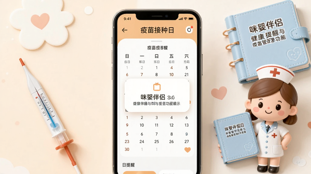 咪婴伴侣健康提醒与疫苗管理功能展示,手机屏幕显示疫苗接种日历与提醒弹窗,背景为浅橙色与白色搭配,旁边放置温度计、疫苗本和卡通护士形象,布局居中,风格温暖亲切,细节清晰,画质干净,无多余元素