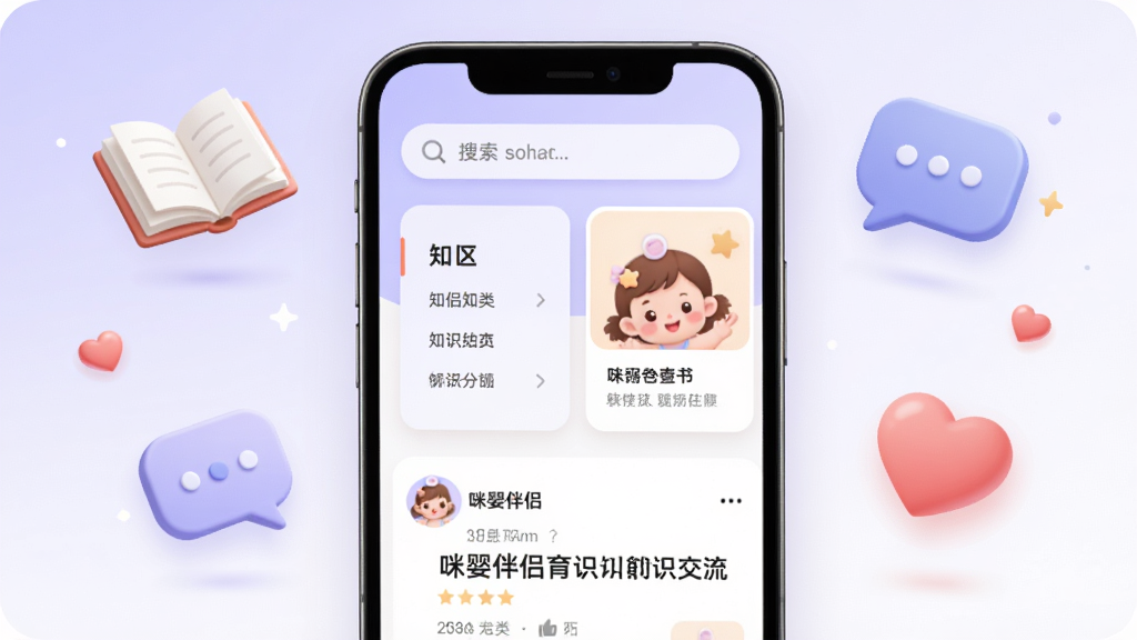 咪婴伴侣育儿知识库与社区交流界面展示,手机屏幕显示知识分类列表与社区帖子,背景为浅紫色与白色渐变,周围漂浮书本、对话框与爱心图标,布局上方搜索栏下方内容卡片,风格温馨现代,细节清晰,画质干净,无多余元素