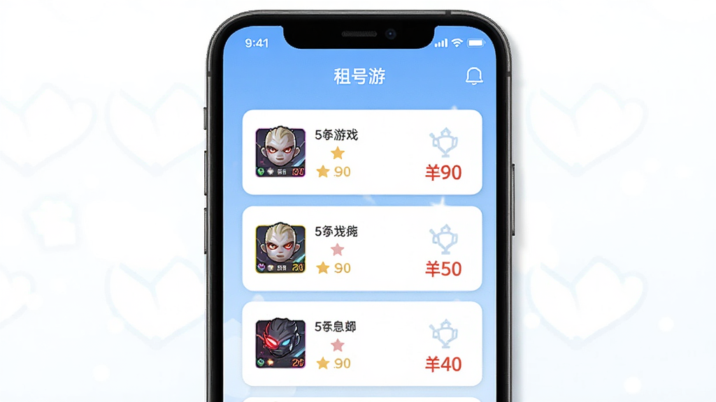һ���ֻ�APP�����ͼ��񣬻���������ʾ������Ρ�ƽ̨�˺��б���ÿ���˺ſ�Ƭ�ϱ�ע��Ϸ���ơ���λ�ͼ۸񣬱�����ǳ��ɫ���䣬��ƽ��UI��ƣ�����ɾ����࣬���廭��