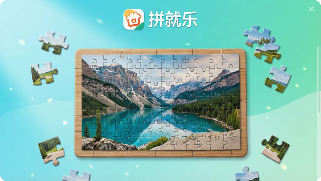 һ��չʾƴ���������������ͼƬ����������������ƴ�ӵķ羰ƴͼ����Χɢ���ż�������õ�ƴͼ��Ƭ�����涥����ƴ���ֵ��������ƺͱ�־����������������µ�����ɫ������������͵Ľ����Ӱ��������ִ���ϸ�ڰ���ƴͼ���Ե��ϸ��������ľ���ʸе�ƴͼ�װ壬�����������ɾ����޶���Ԫ�ء�