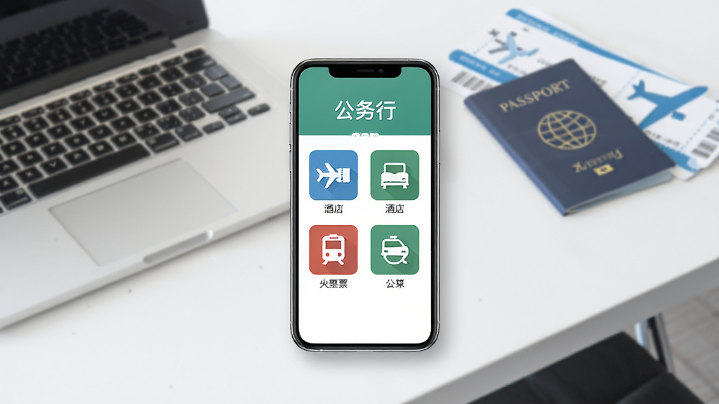 画面中央一部智能手机,屏幕上显示“公务行”APP首页界面,包含机票、酒店、火车票等图标,背景是简洁的商务办公桌,桌上有笔记本电脑、护照和飞机票,整体布局清晰,排版居中,风格为现代扁平化商务风,细节包括柔和的阴影和干净的图标,画质高清,干净,无多余元素
