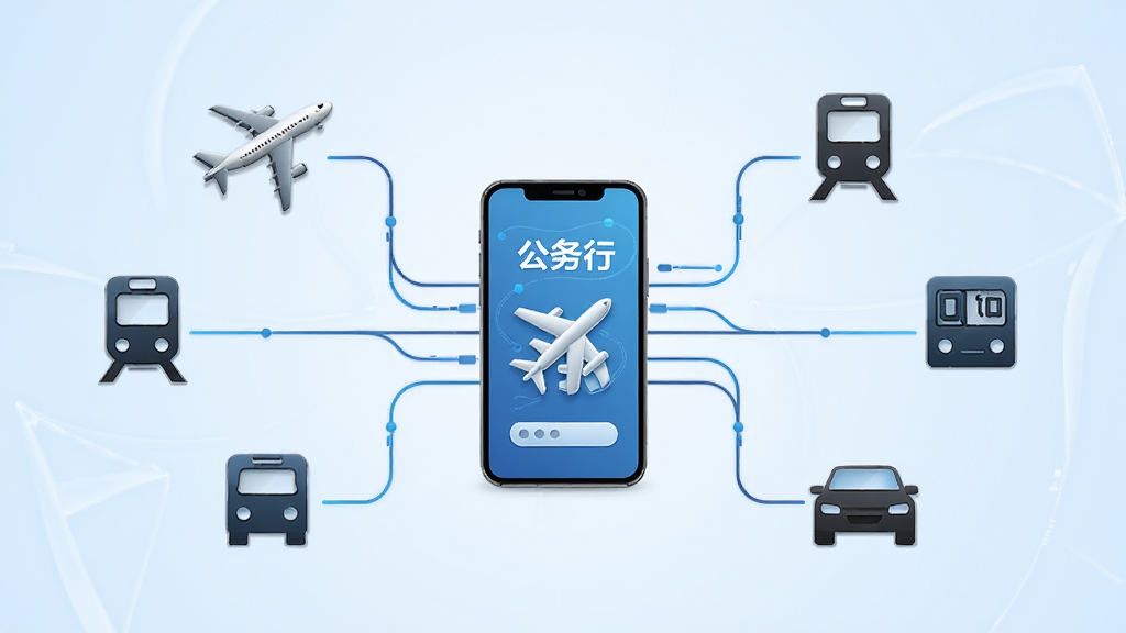 一张信息图表风格插图,展示“公务行”APP如何将飞机、火车、酒店、汽车等图标通过线条连接到中央的手机屏幕上,背景为淡蓝色渐变,布局为环绕式排版,风格为科技商务感,细节包括清晰的图标和流畅的连接线,画质高清,干净,无多余元素