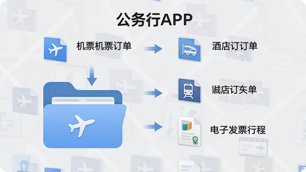 一张信息图,展示“公务行”APP如何将机票订单、酒店订单、火车票订单汇聚到一个文件夹图标中,并生成电子发票和行程单,背景为浅灰色,布局为从上到下的流程式排版,风格为简洁办公风,细节包括清晰的文件图标和箭头指示,画质高清,干净,无多余元素
