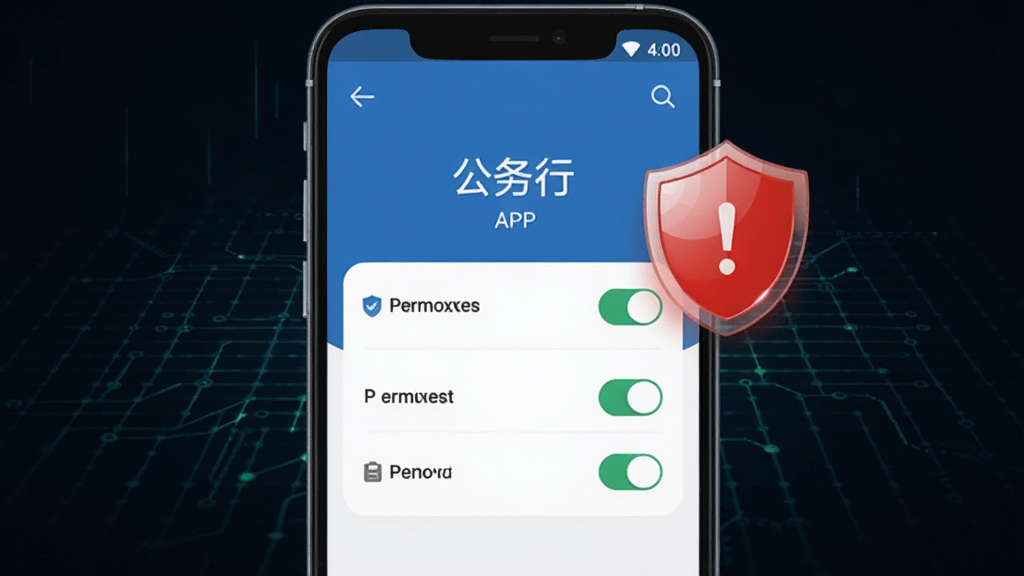 一部安卓手机屏幕显示“公务行”APP的权限管理界面,旁边有一个红色盾牌图标表示安全警示,背景为深色科技感网格,布局为手机居中,风格为扁平化安全提示风,细节包括权限开关按钮和盾牌光泽,画质高清,干净,无多余元素