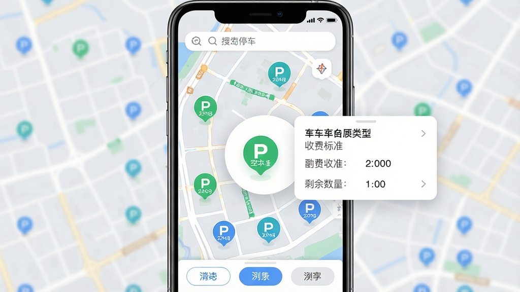 һ��չʾ�ൺͣ��APPʵʱ��λ��ѯ���ܵĽ����ͼ���ͼ������Ϊ�ֻ���Ļ��ʾ��ͼģʽ����ͼ���ж����ɫ����ɫͣ��ͼ���ע��λ����������һ��ͼ�걻�Ŵ���ʾ���鵯���������ڰ�����λ���͡��շѱ�׼��ʣ������������Ϊ�ֻ����У����������������ײ����б��л���ť�����Ϊ���¼�Լ��UI��ƣ�ϸ�ڰ���ͼ��Բ�Ǵ��������������ɶ�����ͼ��ɫǳ�ң����ʸ��壬�ɾ��޶���Ԫ��