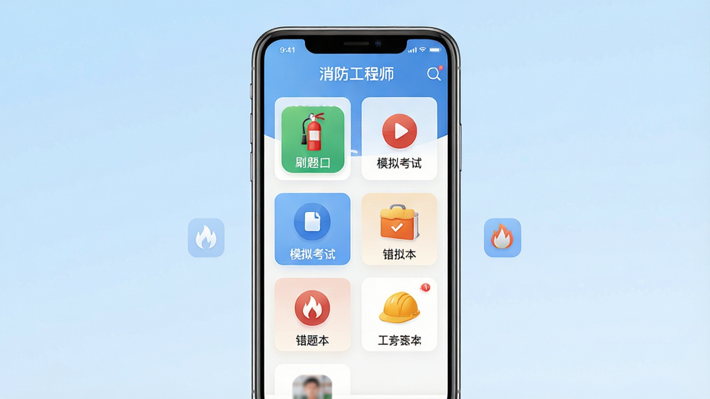 һ��չʾ��������ʦ�ֻ�APP�������ͼƬ�������������ֻ���Ļ����Ļ����ʾ��������ʦAPP����ҳ������ˢ����ڡ�ģ�⿼�ԡ����Ȿ�ȹ���ģ��ͼ�꣬����Ϊǳ��ɫ���䣬������ִ����Ű�������ϸ����ͻ������Ԫ�������������ȫñ��Сͼ���׺�����ʸ��壬�ɾ��޶���Ԫ��