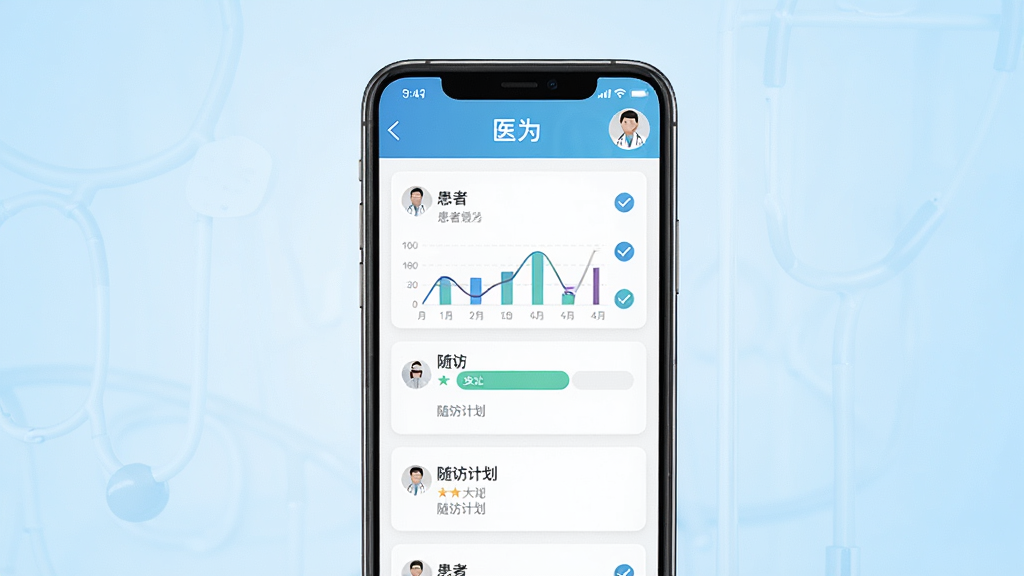 ����Ϊһ�������ֻ�����Ļ����ʾ��ҽΪ��APP����ù������棬�������л����б�����üƻ���Ƭ������Ϊ�ֻ����з��ã�����Ϊ�ɾ���ǳ��ɫ����ҽ�Ʒ���Ű��࣬ͻ���ֻ���Ļ���ݣ����Ϊ�ִ��Ƽ�����ҽ��רҵ�н�ϣ�ϸ�ڰ�����Ļ�ϵ�����ͼ������ѡ��Ǻ�ҽ��ͷ��ͼ�ꣻ���ʸ��壬�ɾ����޶���Ԫ��