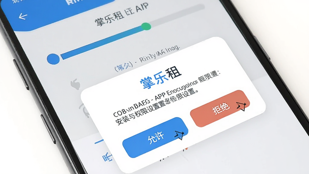 һ��չʾ������APP��װ��Ȩ�����ý����ͼƬ���������ֻ���Ļ����ʾ������İ�װ��������Ȩ�����󵯴����Ա��С��������͡��ܾ�����ť��ʾ�⣬�����������ˣ���ɫΪ���ף������������޶���Ԫ��