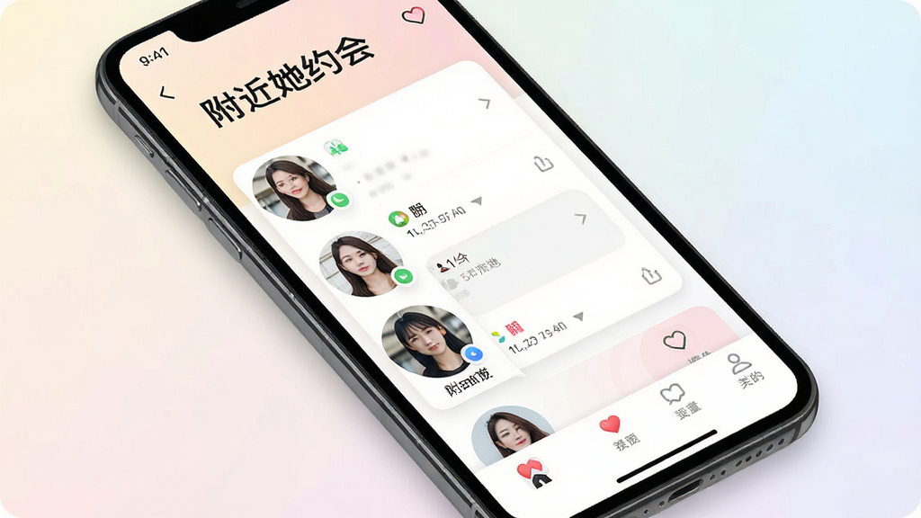 一张展示手机屏幕的图片,屏幕中显示附近她约会软件的主界面,界面顶部有