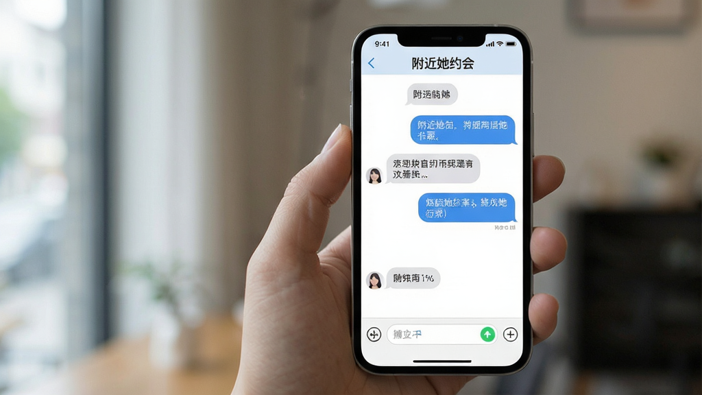 一张展示附近她约会软件聊天界面的图片,画面中有对话气泡和输入框,顶部显示
