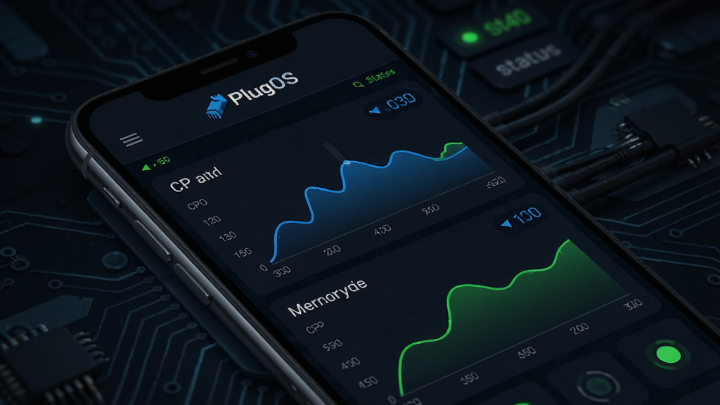 һ��PlugOS�豸״̬��ؽ���ĸ���ͼ���������ֻ���Ļ��ʾ�Ǳ��̷���CPU���ڴ�ռ��������ͼ��ͼ��Ϊ��ɫ����ɫ�����涥����PlugOS���ֱ�ʶ������Ϊ��ɫ�Ƽ����ϸ�ڰ�������ˢ�¶�����״ָ̬ʾ�ƣ����������ɾ����޶���Ԫ�ء�