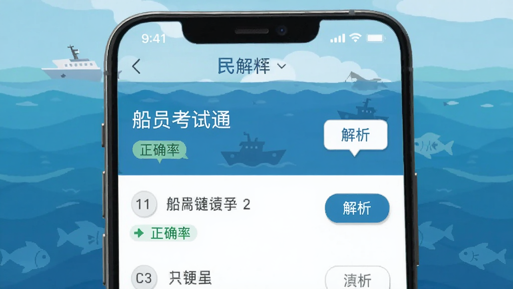 手机应用界面展示“船员考试通”题库列表,题目带有解析按钮,背景是海洋蓝色调,布局简洁,风格扁平化,细节有题目编号和正确率标签,画质清晰,干净,无多余元素