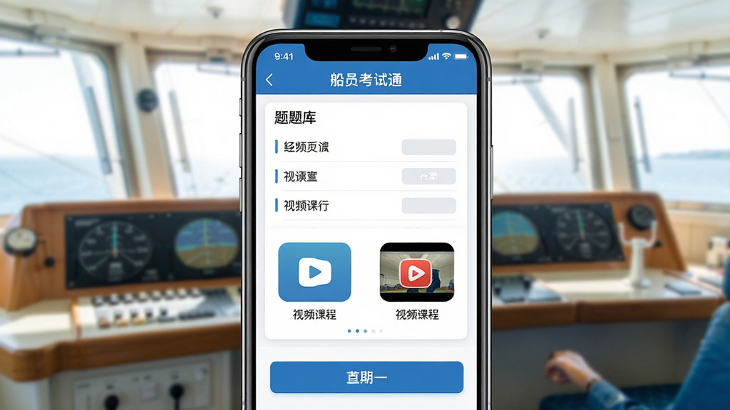 一张展示手机屏幕的图片,屏幕上显示“船员考试通”应用界面,包含题库列表和视频课程图标,背景是明亮的航海驾驶台环境,布局居中,风格写实科技感,细节包括手机边框和界面按钮,画质清晰,干净,无多余元素