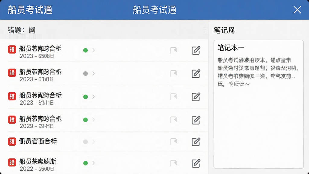 错题本界面截图,应用名称为“船员考试通”,显示错题列表和笔记输入框,布局为列表式,风格简洁,细节有红色错题标记和编辑图标,画质清晰,干净,无多余元素