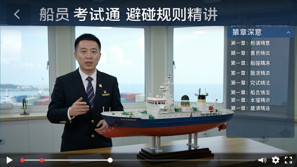 视频播放界面截图,标题为“船员考试通 避碰规则精讲”,画面中有讲师和船舶模型,布局为横屏模式,风格教学演示,细节有进度条和章节列表,画质清晰,干净,无多余元素