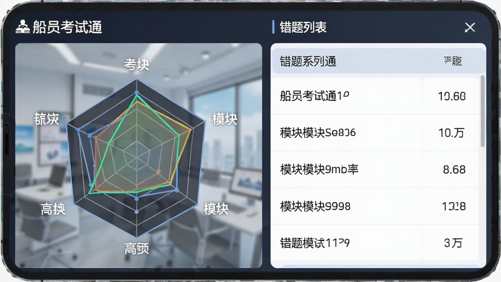 模拟考试成绩报告页面,显示“船员考试通”得分雷达图和错题列表,布局为手机竖屏,风格数据可视化,细节有分数和模块名称,画质清晰,干净,无多余元素