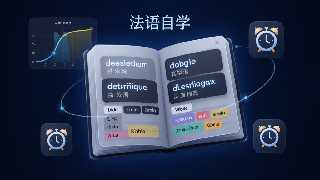 一本翻开的电子单词本悬浮在深蓝色背景中,主体是发光的法语单词和中文释义,布局为单词本居中、周围环绕记忆曲线图表和复习闹钟图标,风格为科技感深色UI,细节包括动词变位表格和阴阳性色块标记,画质高清干净,画面中文字为