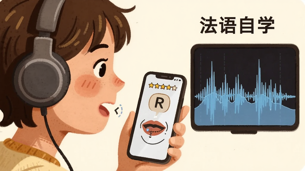 一位年轻学习者戴着耳机对着手机练习法语发音的场景,主体是人物侧脸与手机屏幕,布局为人像居左、声波频谱居右,风格为温暖插画风,细节包括手机屏幕上的评分星星、法语字母