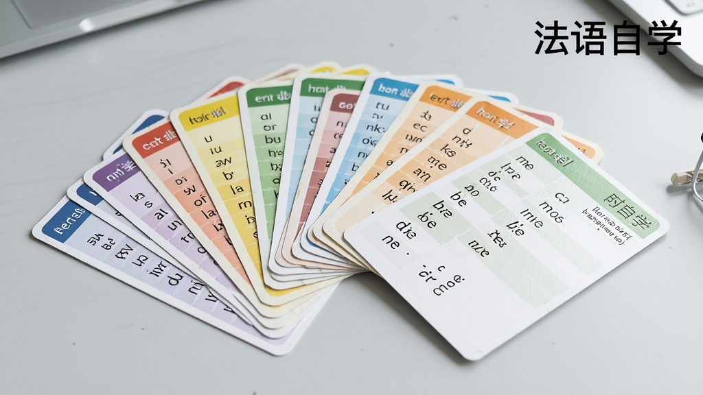 一套法语动词变位卡片扇形展开在浅灰色桌面上,主体是彩色卡片上的动词变位表格,布局为卡片呈扇形分布、焦点清晰,风格为简约办公风,细节包括卡片右上角的时态标签和例句小字,画质高清干净,画面中文字为